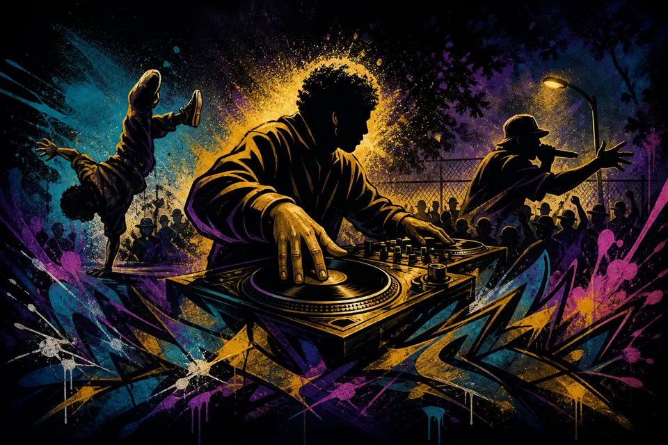 Kool Herc draait muziek op twee draaitafels tijdens een feest in The Bronx in 1973, het begin van de hiphopcultuur.