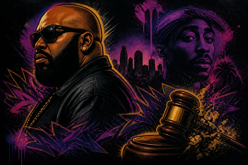 Suge Knight tijdens een persconferentie over de Tupac Shakur zaak, met een serieuze uitdrukking.