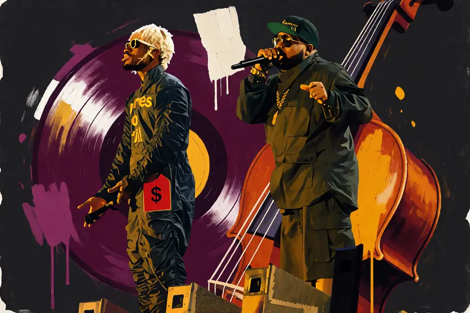 Een foto van de artiesten van OutKast die op een podium staan, wat de energieke sfeer van hun album *Aquemini* oproept.