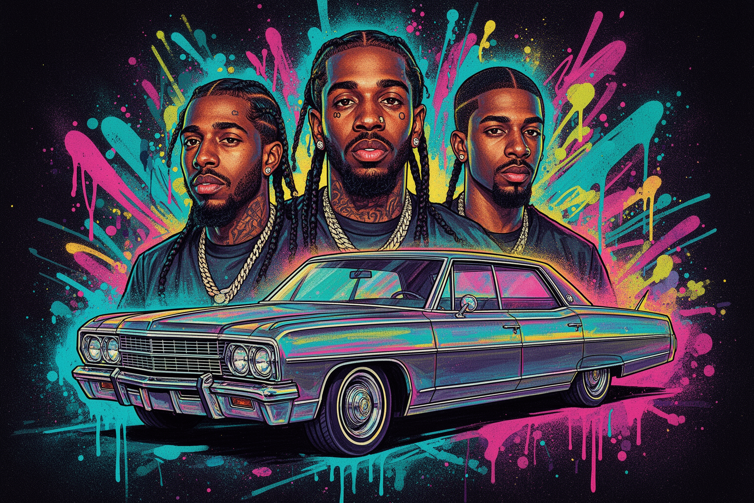 Vintage lowrider auto uit Nipsey Hussle's videoclip 'Higher', symbool van West Coast-cultuur, klaar voor veiling.