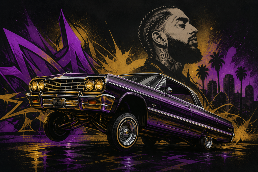 Custom 1959 Chevrolet Impala lowrider met hydraulisch onderstel, bekend uit de videoclip 'Higher' van Nipsey Hussle en DJ Khaled, tentoongesteld voor veiling.