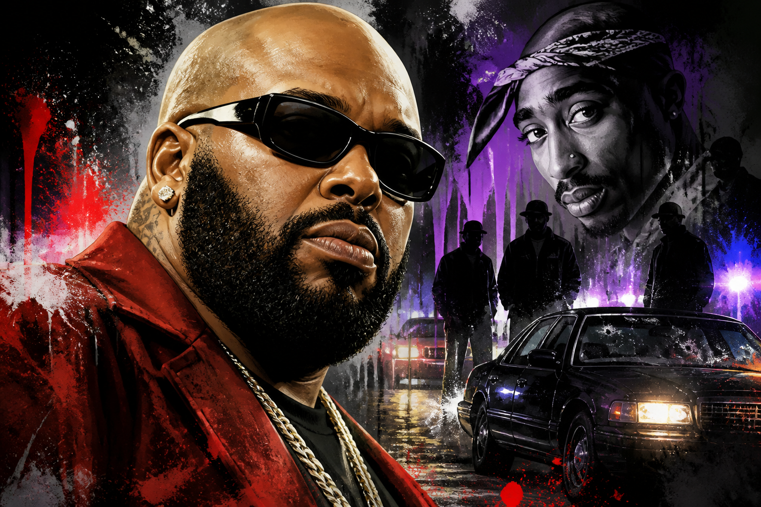Suge Knight spreekt tijdens een persconferentie over de moord op Tupac Shakur en de rechtszaak tegen Keefe D.