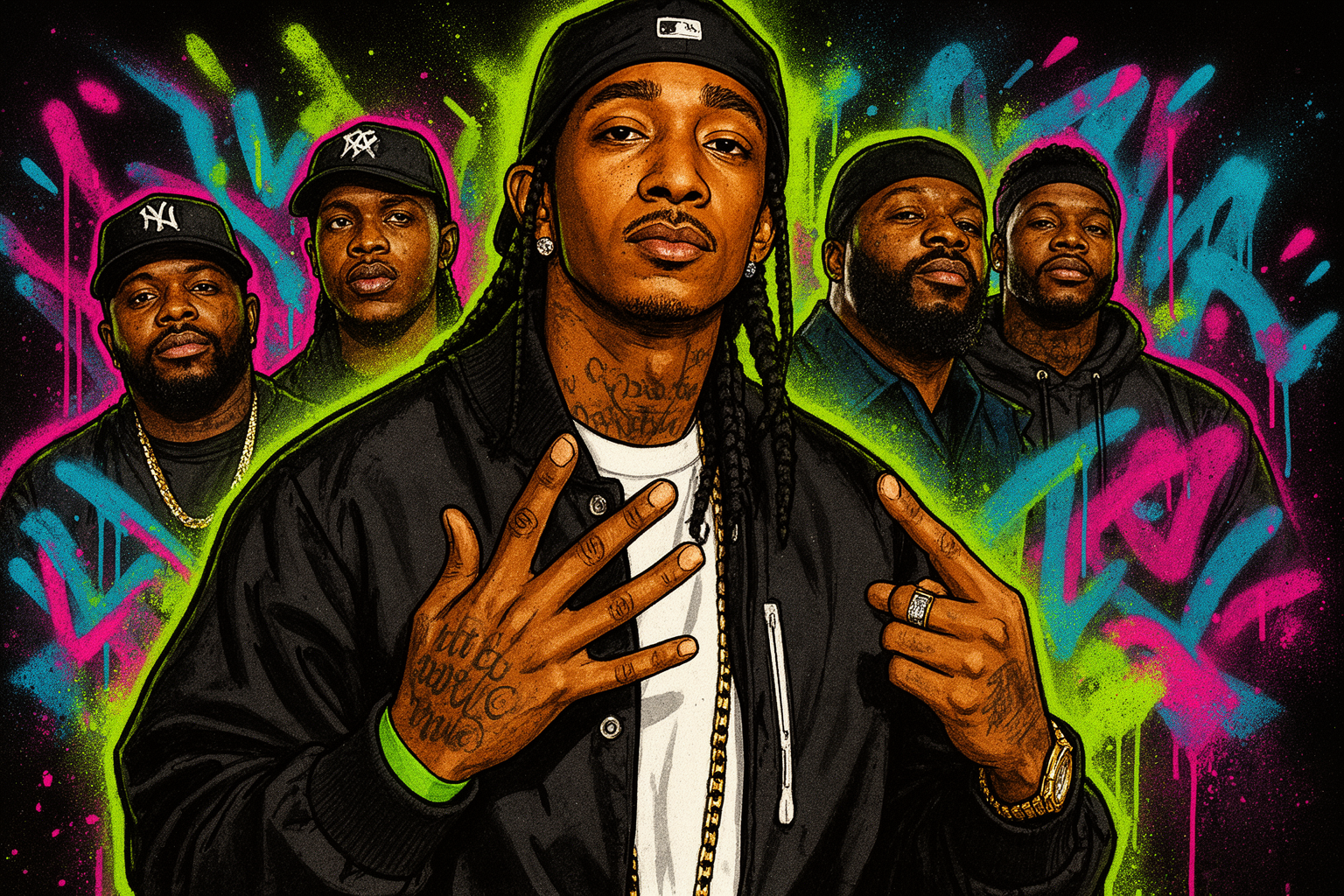 Portret van Nipsey Hussle, rapper en ondernemer, bekend om zijn onafhankelijkheid en eigenaarschap in de muziekindustrie.