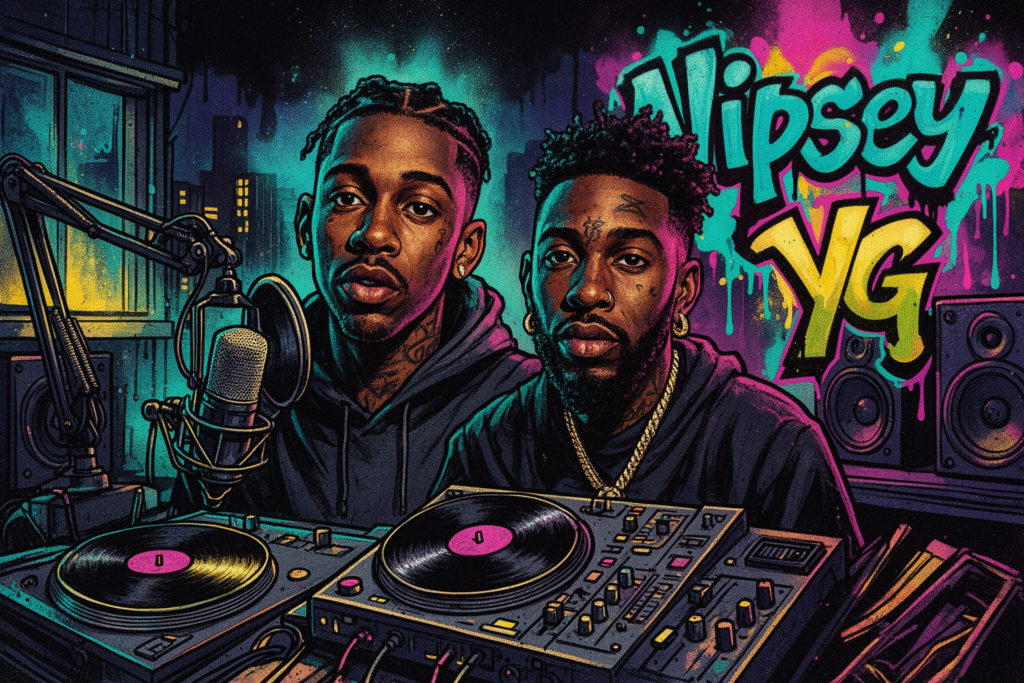 Blacc Sam spreekt tijdens een persconferentie over het onuitgebrachte gezamenlijke album van Nipsey Hussle en YG, Two of America's Most Wanted.