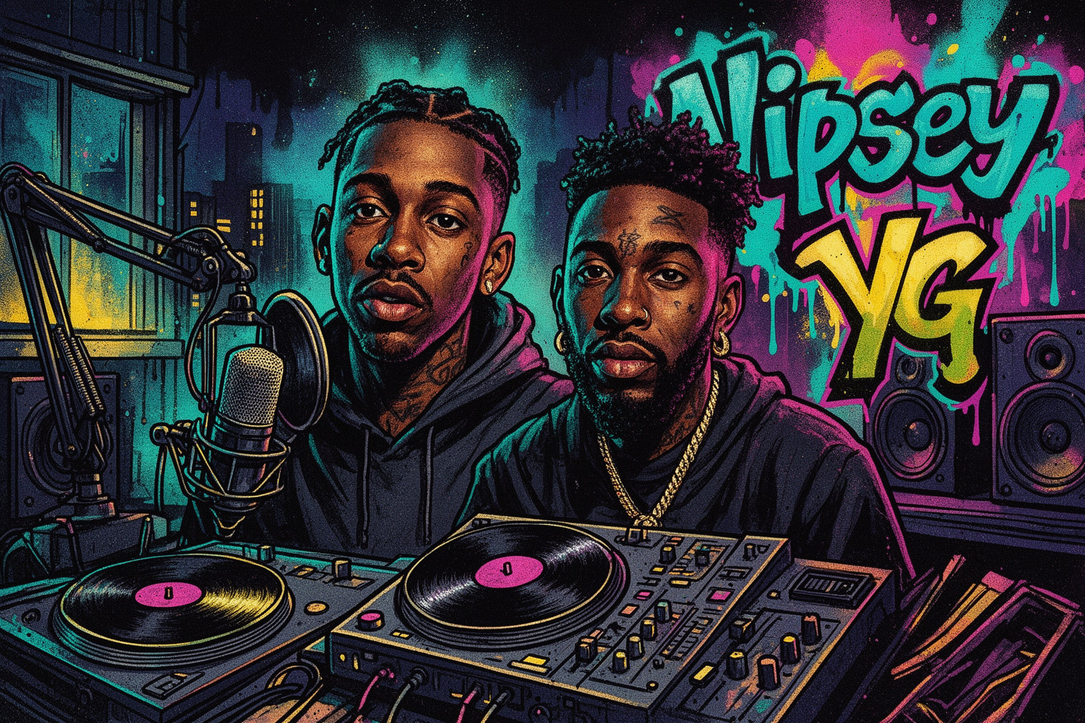 Blacc Sam spreekt tijdens een persconferentie over het onuitgebrachte gezamenlijke album van Nipsey Hussle en YG, Two of America's Most Wanted.