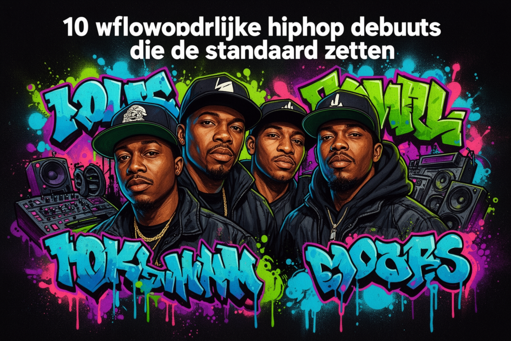 Collage van albumhoezen van tien invloedrijke hiphopdebuuts die de standaard in de cultuur hebben gezet.