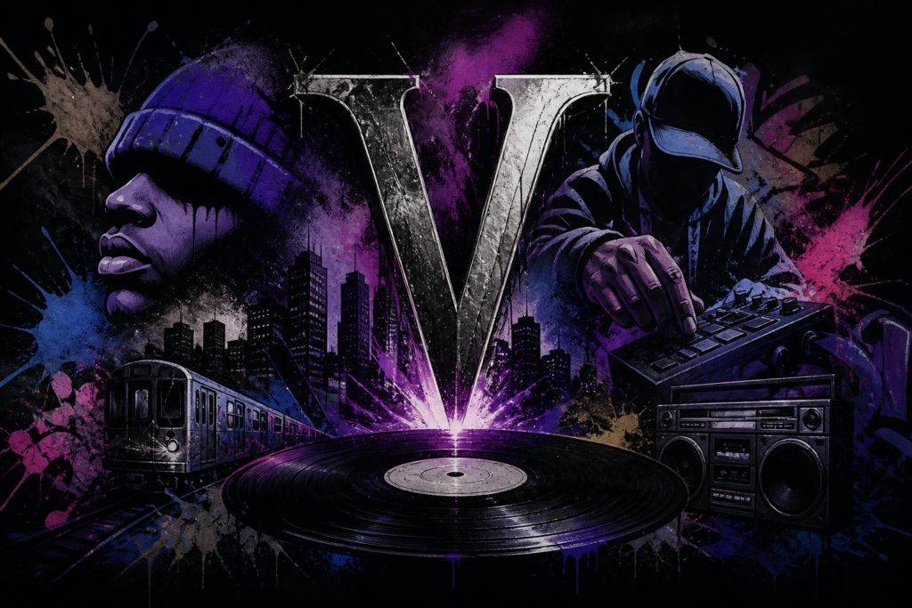 Albumhoes van Violator Records' eerste compilatiealbum, een mijlpaal in hiphop uit 27 jaar geleden, met een collage van invloedrijke artiesten en straatcultuur.