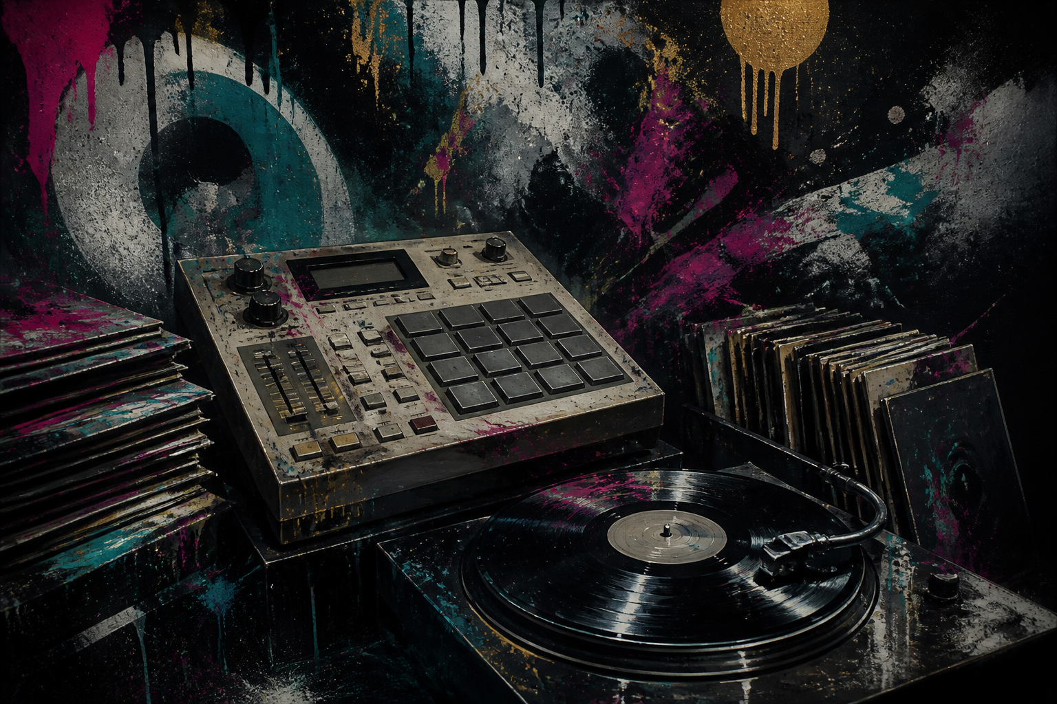 O.C. poseert met een microfoon in een studio, omringd door hiphop-instrumenten en posters van klassieke New Yorkse hiphopalbums.