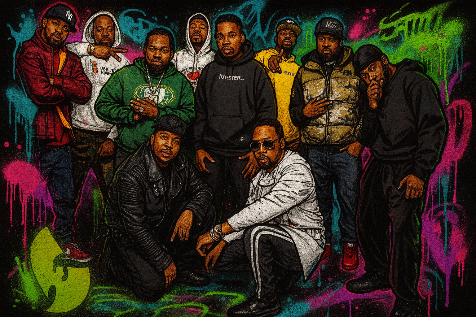 Netflix-logo op een scherm met beelden van Wu-Tang Clan en het geheime album in de achtergrond.