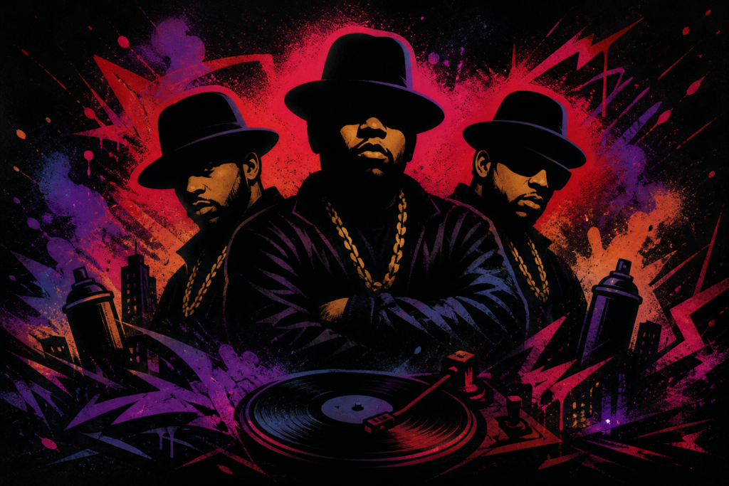 Run-D.M.C. poseert in jaren 80-stijl kleding, symboliserend hun invloedrijke rol in de evolutie van hiphop met hun debuutsingle 'It's Like That'.