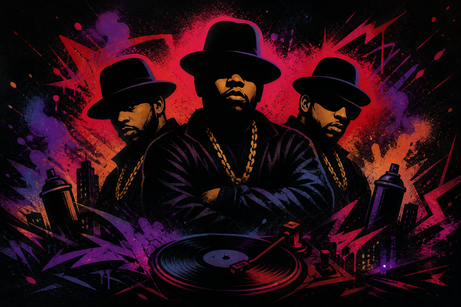 Run-D.M.C. poseert in jaren 80-stijl kleding, symboliserend hun invloedrijke rol in de evolutie van hiphop met hun debuutsingle 'It's Like That'.