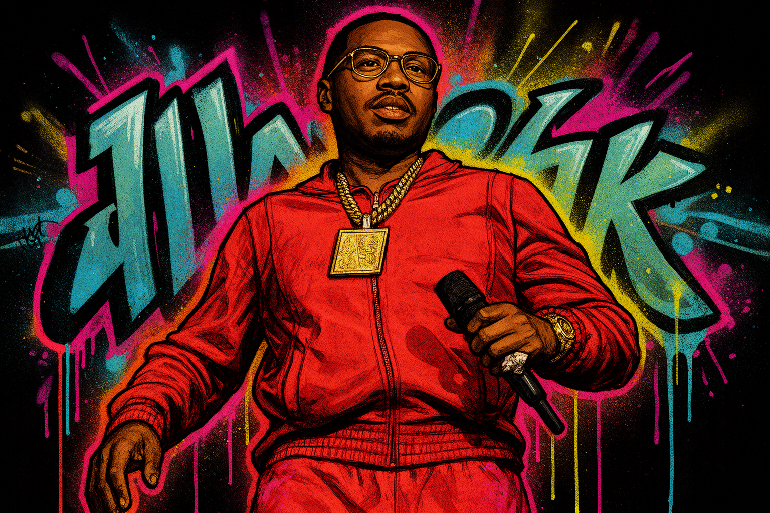 Nas poseert met een serieuze blik, omringd door stedelijke elementen die de New Yorkse hiphopcultuur symboliseren.