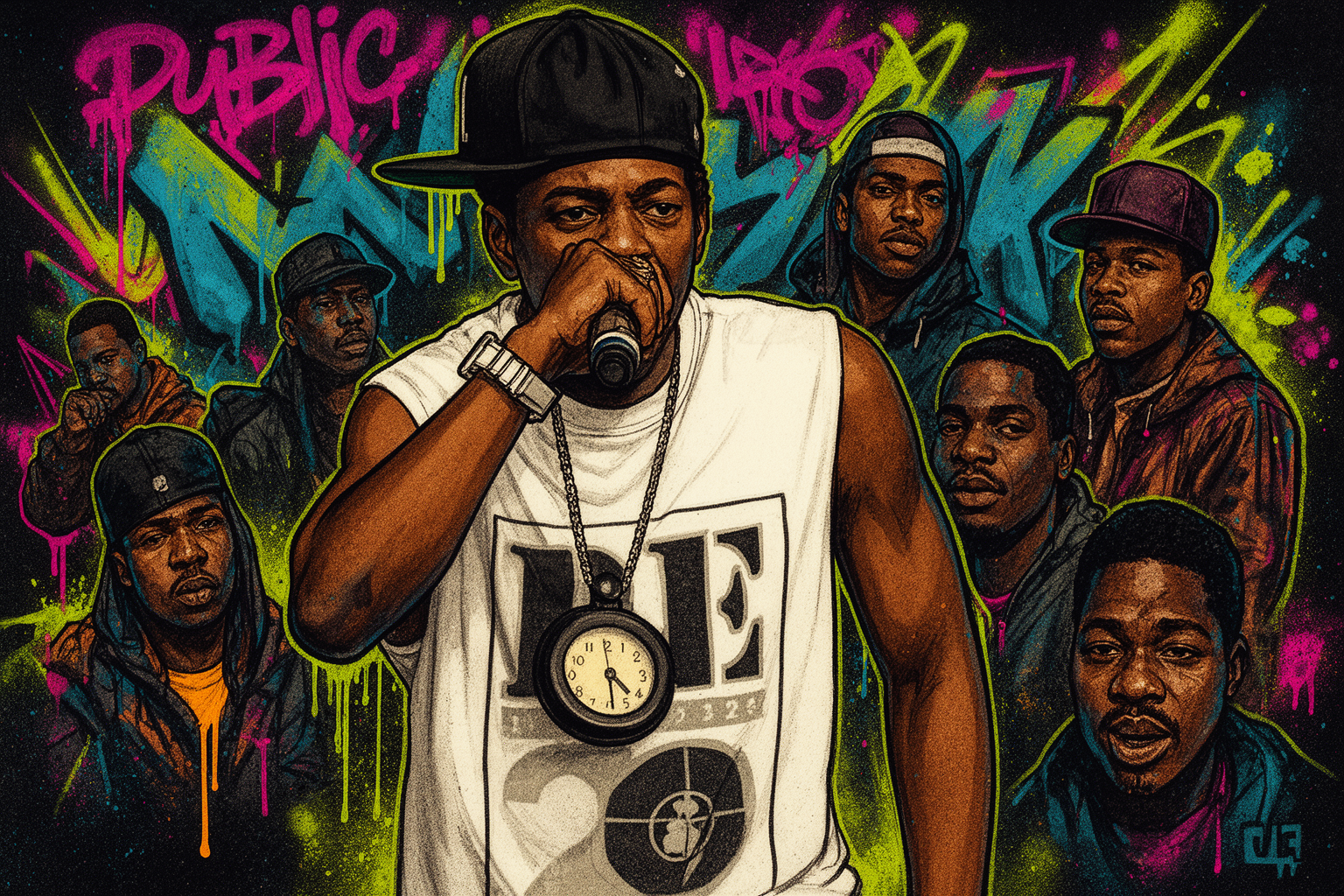 Flavor Flav straalt op een Public Enemy pop-up evenement in New York, omringd door fans en limited edition merchandise.