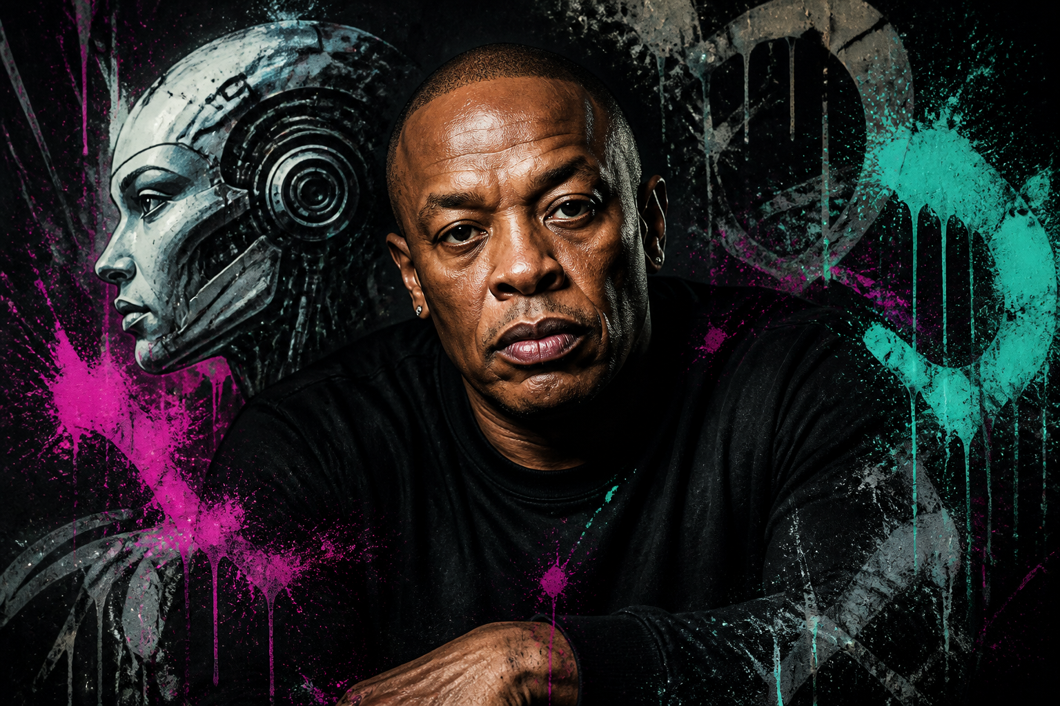 Dr. Dre spreekt op een muziekconferentie over het gebruik van AI in muziekproductie, met een achtergrond van muziekinstrumenten en technologie.