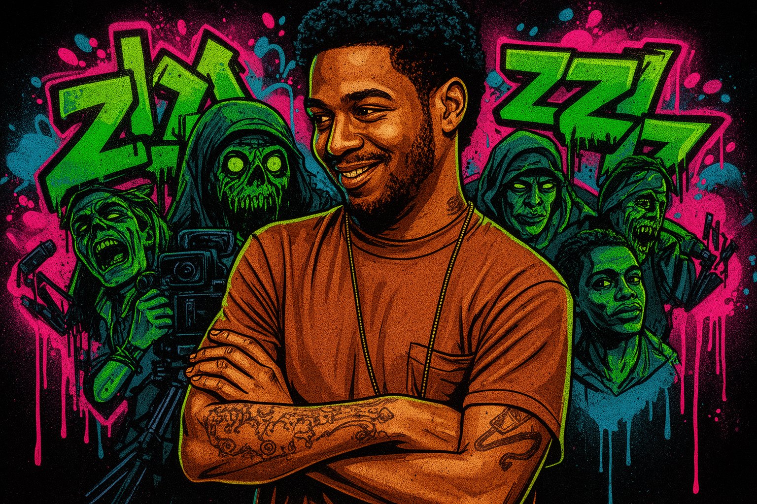 Kid Cudi poseert met een camera op een filmset, klaar om zijn debuut als speelfilmregisseur te maken met twee films in 2027.