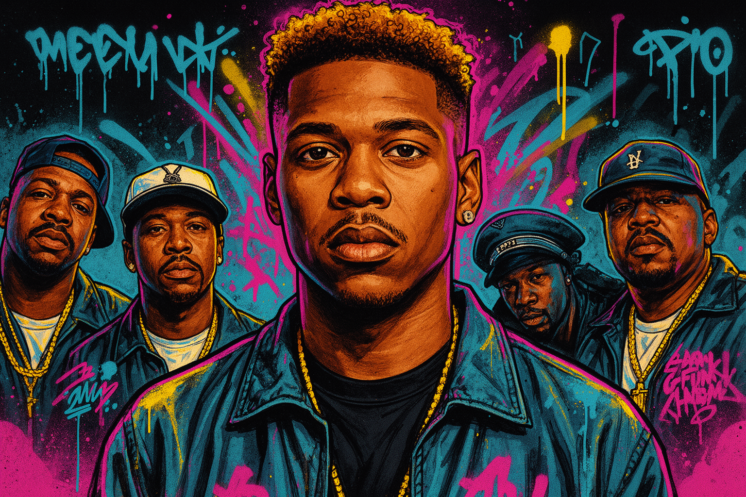 Albumhoezen van tien invloedrijke West Coast G-funk rapalbums, met opvallende synthesizers en baslijnen die de stijl kenmerken.