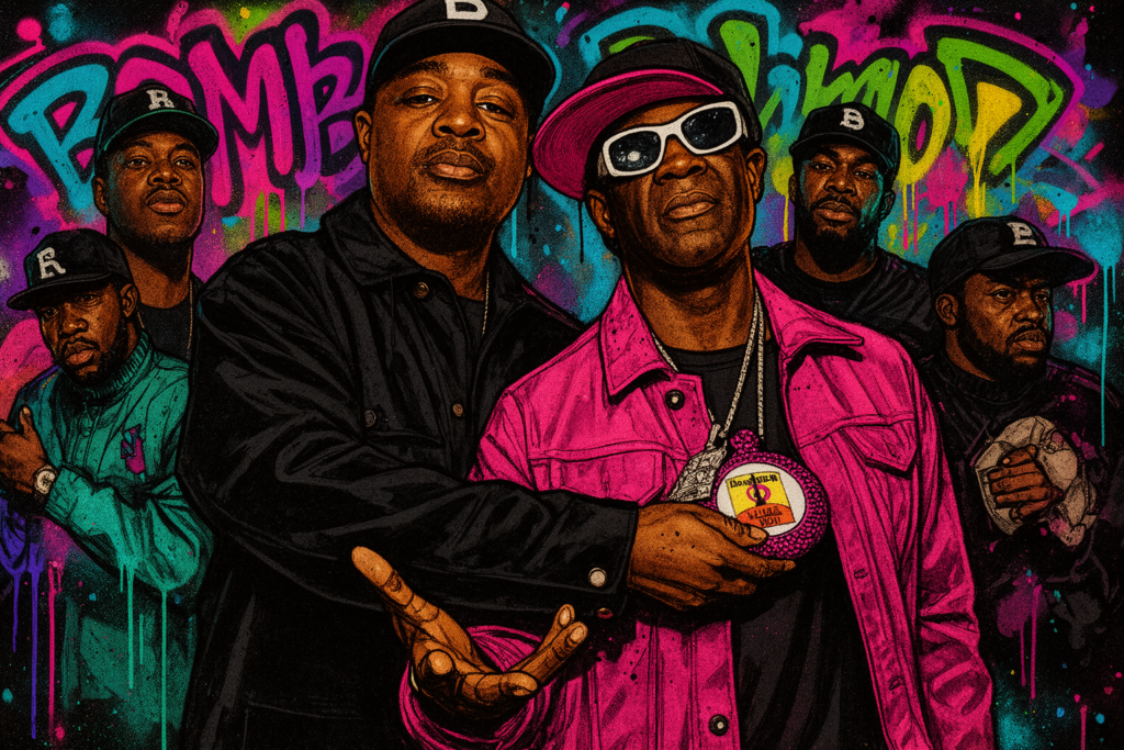 Portretten van Public Enemy en Bomb Squad, pioniers van politieke hiphop met radicale productie en krachtige boodschappen over racisme en verzet.