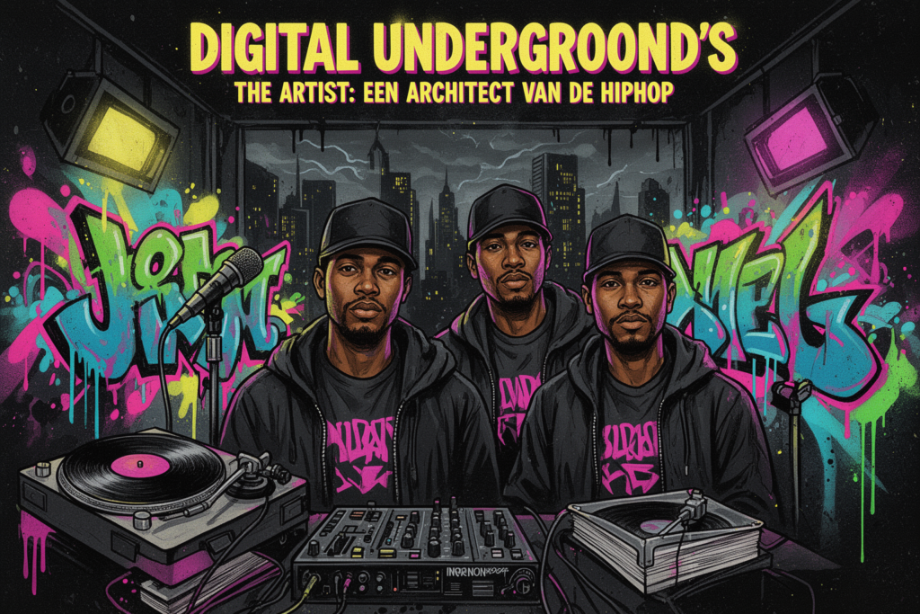Portret van Shock G, de invloedrijke hiphopartiest en mentor van Digital Underground, bekend om zijn creativiteit en het introduceren van Tupac Shakur.