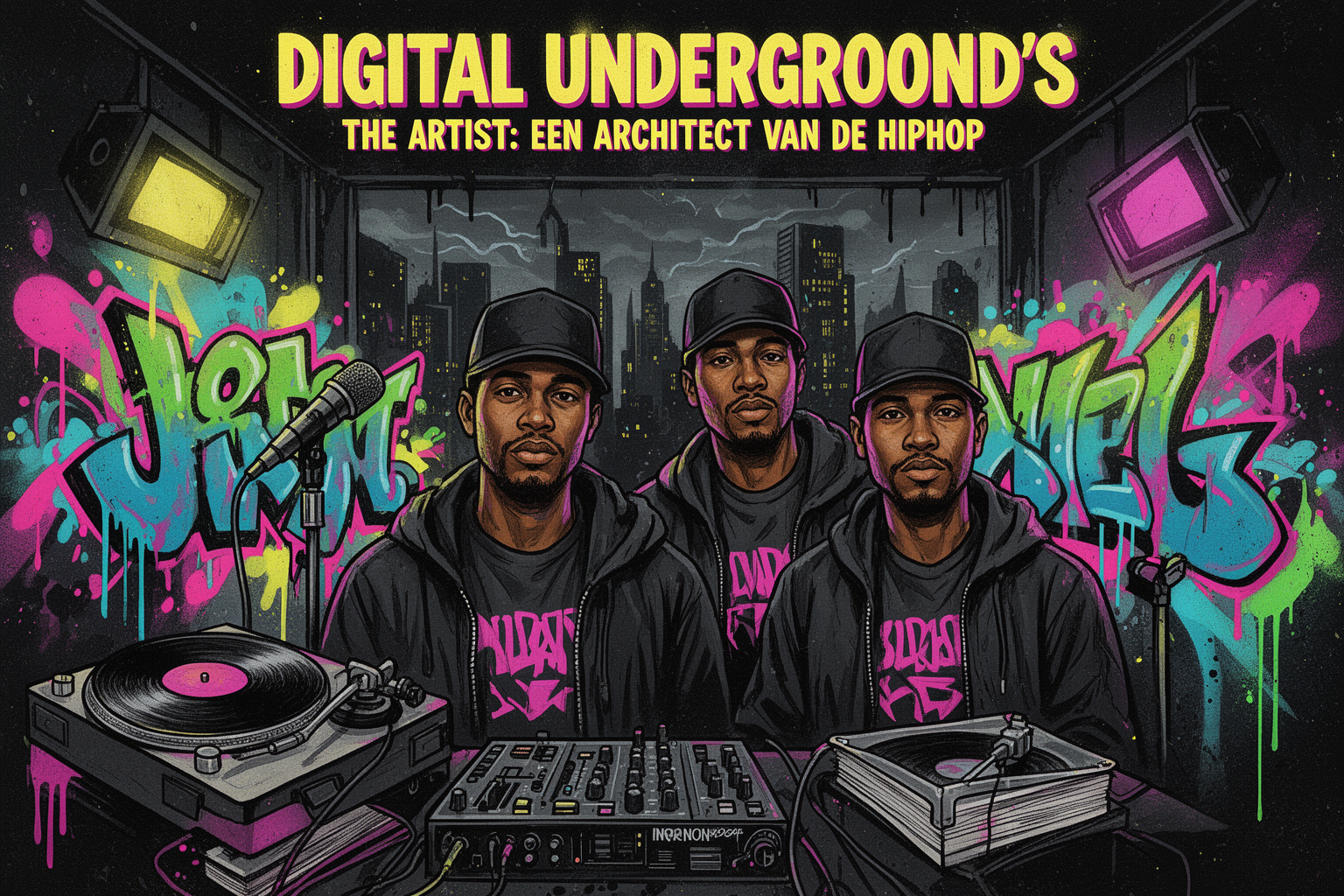 Portret van Shock G, de invloedrijke hiphopartiest en mentor van Digital Underground, bekend om zijn creativiteit en het introduceren van Tupac Shakur.