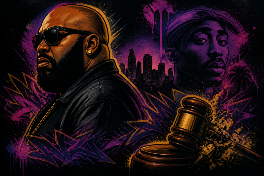 Suge Knight tijdens een persconferentie over de Tupac Shakur zaak, met een serieuze uitdrukking.