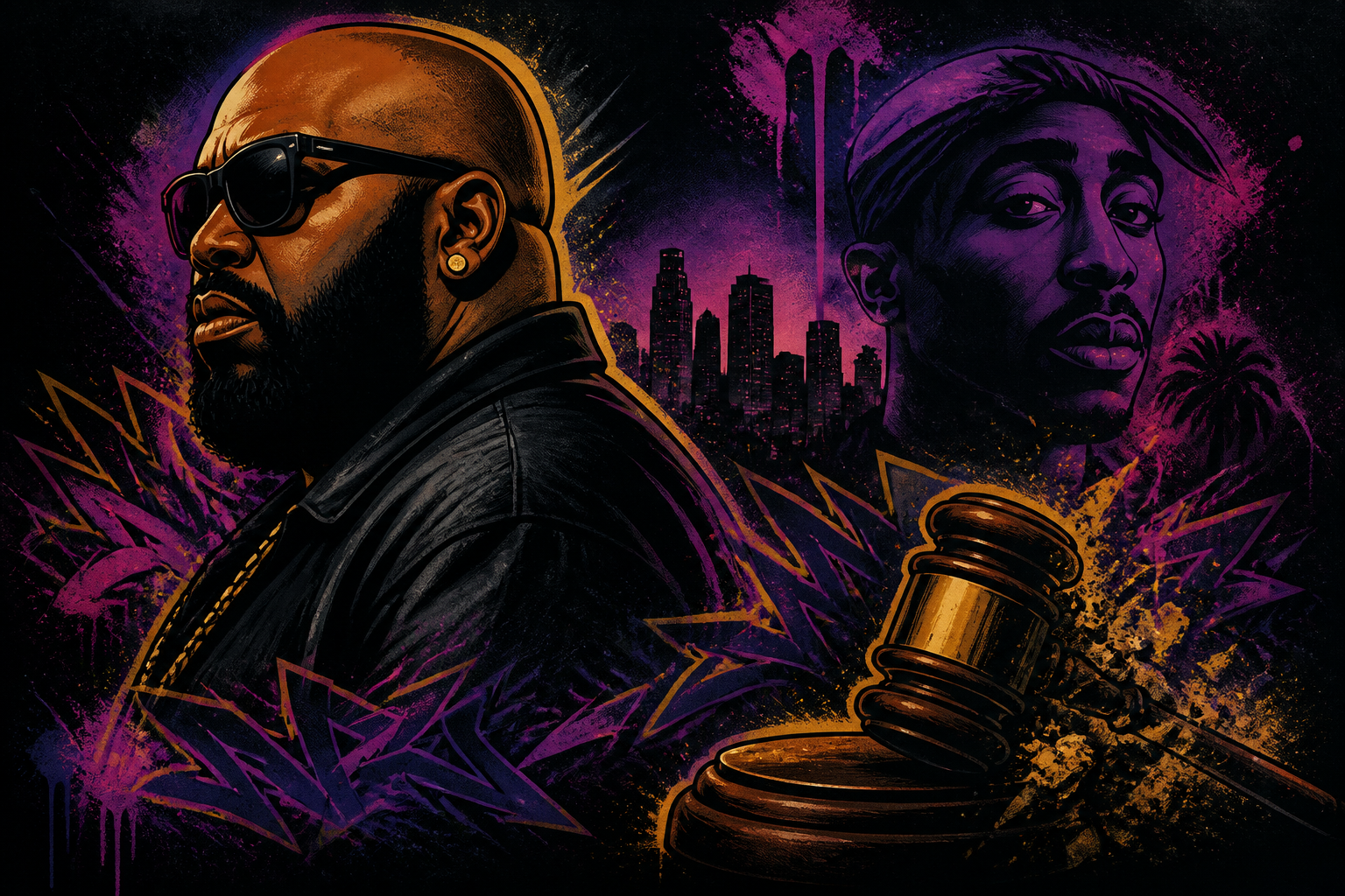 Suge Knight tijdens een persconferentie over de Tupac Shakur zaak, met een serieuze uitdrukking.
